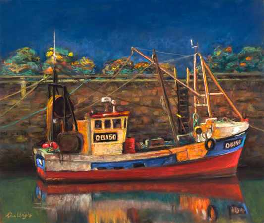 Boat in harbour reflected on the water