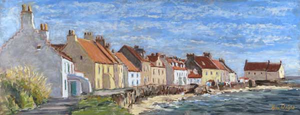 Painting of the cottages at West Shore with the sea almost reaching the seawall