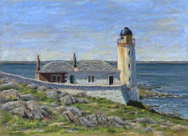 A lighthouse and attached cottages above the sea