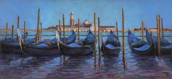 Gondolas moored and covered at night