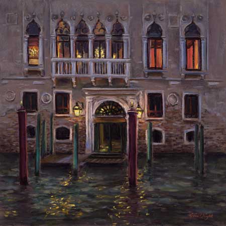 Painting of the palazzo lit up at night and the lights reflecting in the canal