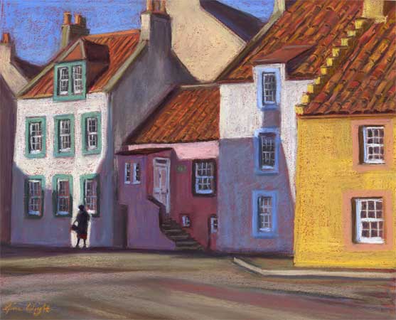 Lady walking past coloured houses in sun and shadows