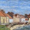 Painting of the cottages at West Shore with the sea almost reaching the seawall