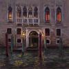 Painting of the palazzo lit up at night and the lights reflecting in the canal