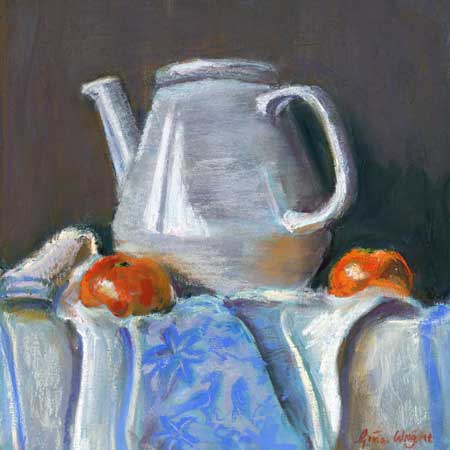 Teapot And Satsumas, Pastel Over Acrylic