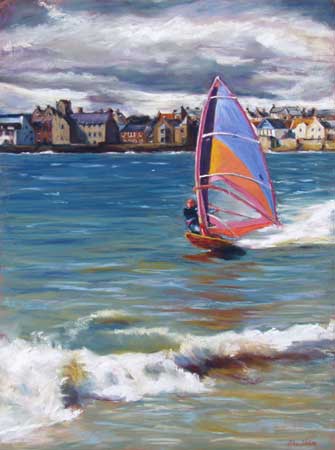 Windsurfer At Elie, Pastel on Panel